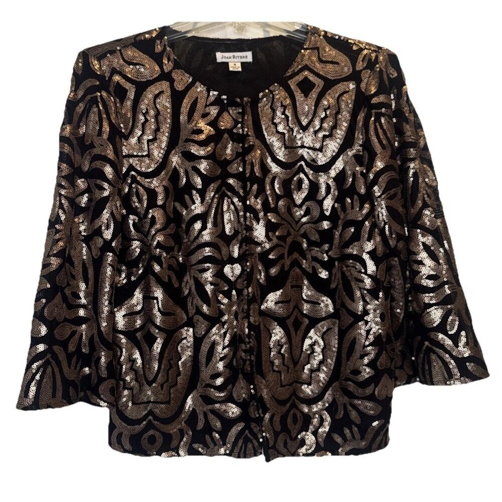 JOAN RIVERS Black & Gold Floral Metallic Sequins 3/4 Sleeve Blazer Sz M